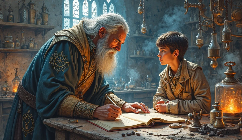 In a medieval age realm, a little fellow named Rog lived calmly with his dad, Lord Nufer. The scene captures a heartwarming moment of Rog and Lord Nufer sitting by the fireplace in their castle, surrounded by ancient books and artifacts, portraying a serene family bond. The lighting is warm, with soft flickering flames casting gentle shadows on the stone walls. Rog's innocent smile reflects his admiration for his father's wisdom, while Lord Nufer's caring expression reveals his love for his son. The image is executed as a high-quality, realistic painting on canvas, capturing every intricate detail of the characters and their surroundings, --auto --s2