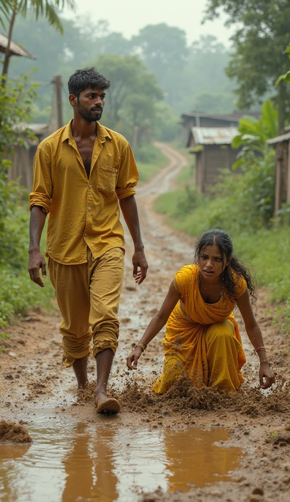Beautiful Typical indian village ragpicker young woman carrying a large man on her head, man is sitting on her shoulders, nearby a river 