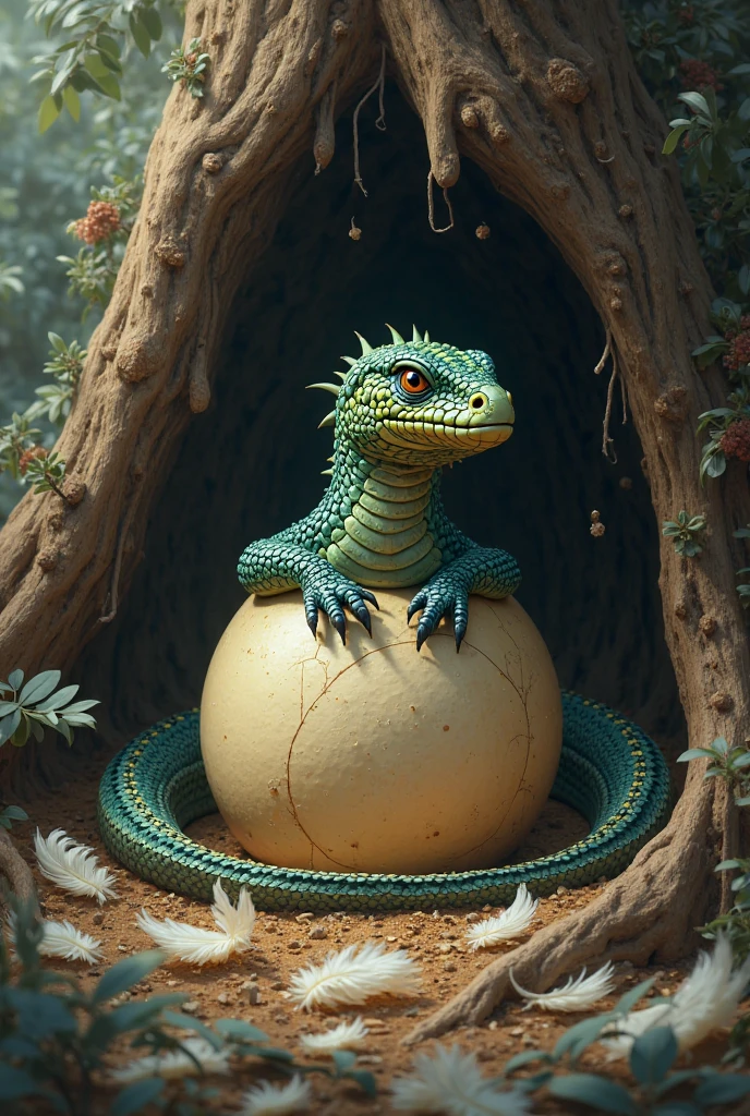 Image with name "aereosteon riocoloradensis" in the center and on the sides dinosaur eggs in a jungle