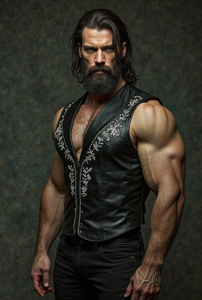 1 Tall scruffy man, cowboy, scarred face, leather duster coat, revolver, dark fantasy, occult, intimidating, long hair, paranormal