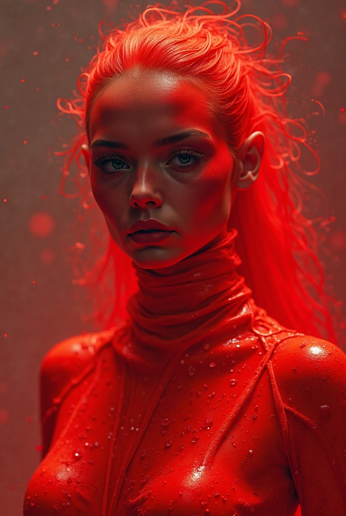 indian woman, young, naked, red very curly mullet, septum piercing, dimples, thick belt around neck, naughty expression, red shiny latex bodysuit, close-up, UHD, retina, masterpiece, accurate, anatomically correct, textured skin, super detail, high details, high quality, award winning, best quality, highres