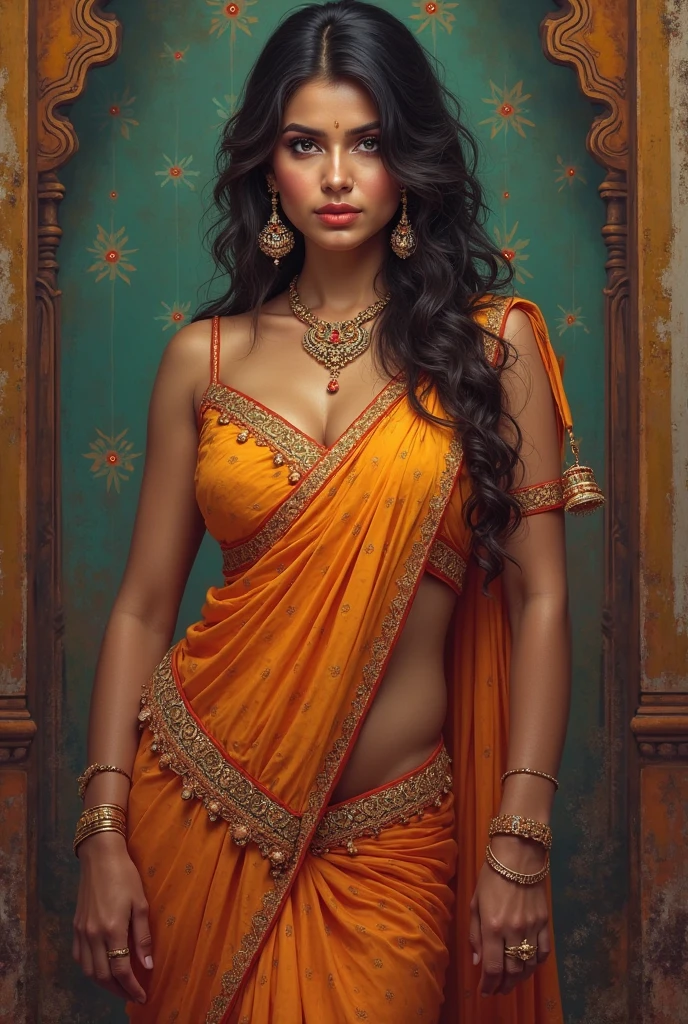 A virgin Indian girl, wearing orange saree, big eyes, thin loglng wavy hair, orange tilak, earings, necklace, hair jewellery, navel ring, bangles, thin neck, shoulder down, detailed deep clevage, nose jwellery, fair complexion, hip down, anklets, beautiful feet, rings, seductive, chicken leg piece