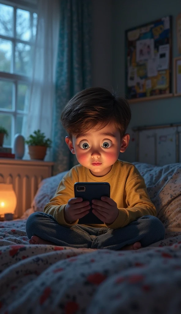 A boy looking at his phone in his bed