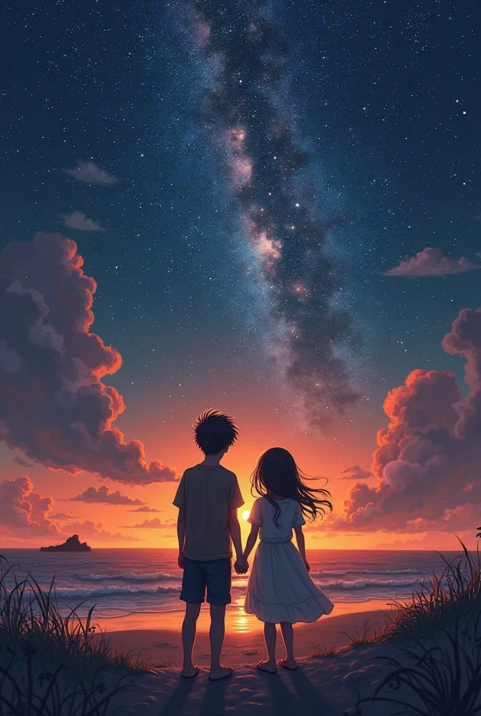 The image shows Liv and Theo standing on a cliff in Santorini at sunset.. Liv, with a calm expression, Theo, Next to you, smile encouragingly. Ao fundo, there is a mystical vision of Atlantis dissolving, representing Liv's past. They are holding hands, symbolizing a new beginning together. over the horizon, a trail is formed, suggesting the future Liv chose, as flowers bloom along the way, symbolizing new possibilities. The stars in the sky reinforce the theme of hope and new beginnings.. She doesn't like his clothes, he's black with curly hair