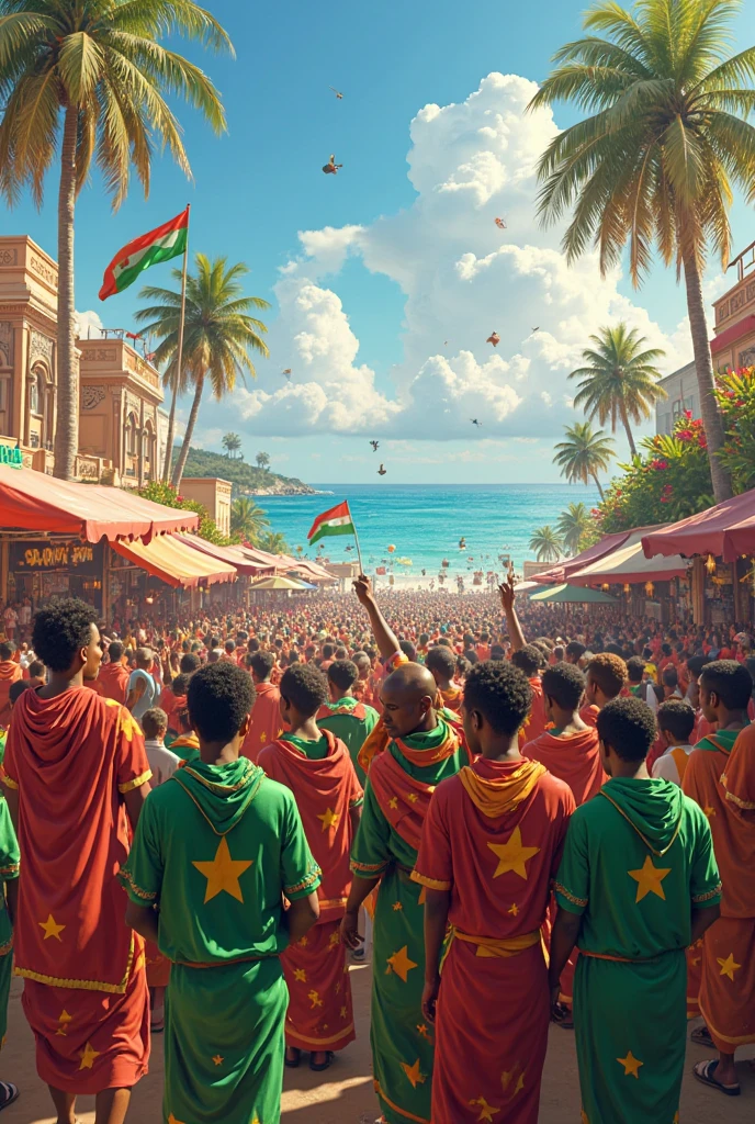 Image, illustration cartoons d’un groupe de supporters, hommes, de style ultra hooligans à la plage, en short jaune et noir, avec des fumigènes jaune et noir dans la main et des drapeaux à damier jaune et noir, inscrit « Rouen » des femmes en bikini, jaunes et noirs sont à leur côté