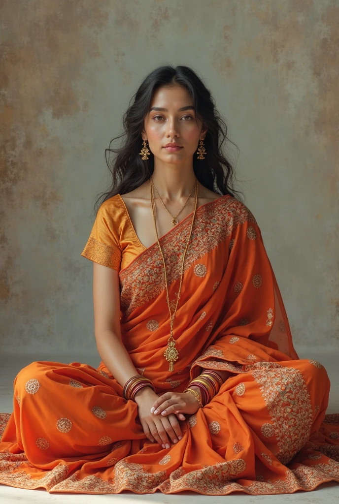 A gorgeous beautiful indian young lady sitting in a big chair and behind the wall written "Jyoti"