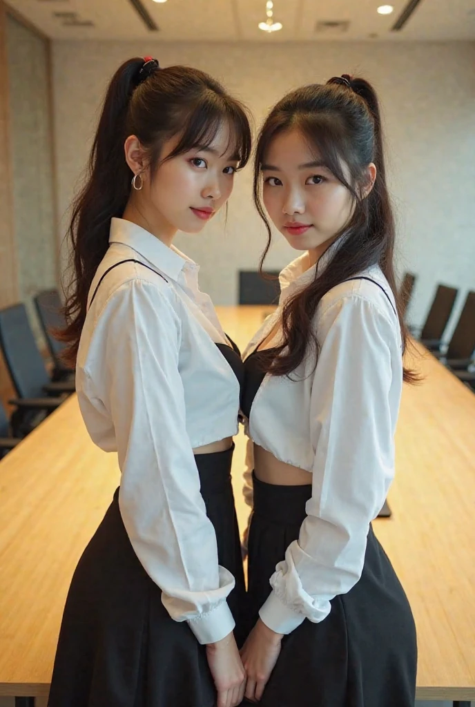 group_mf, (Female office worker eating donut)、(Super detailed)、(Raw photo)、masterpiece、(8k)、(Highest quality)、(High resolution:1.3)、Ultra-Details、Angle from below、(Perfect Anatomy:1.3)、(Two Girls)、Beautiful Eyes、Watching the audience、A confident smile、(Super hourglass body type:1.2)、(Super big breasts pointing upwards:1.37)、(Erect nipples)、(Large, raised pink areola:1.3)、Narrow waist、(Wide super big ass)、Black Hair、(Two beautiful office workers eating donuts in the changing room:1.2)、(White blouse)、(Super see-through)、Uniform bow tie、(Increased transparency:1.3)、(He is holding a donut in one hand while taking off his uniform in the company's spacious changing room.)、coffee、In the background, other office ladies are getting changed.、(Dynamic poses and gestures for holding a donut and eating it)、Correct fingers、Open your legs and stick your buttocks out、Touching the thigh、Put your hands on your buttocks、(Holding a donut in one hand and eating with one's mouth open)