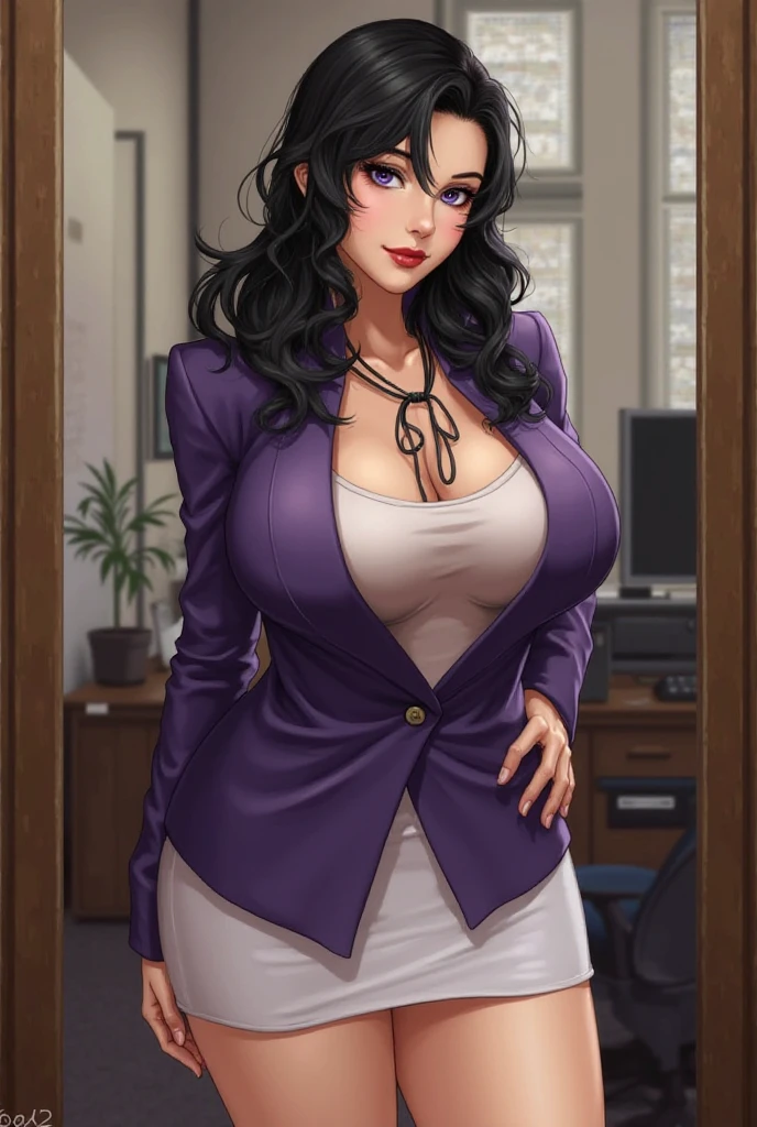 Hot sexy beautiful milf , long silver thread earrings,big breasts, ,black hair,curly hair, business suit, stocking, smiling