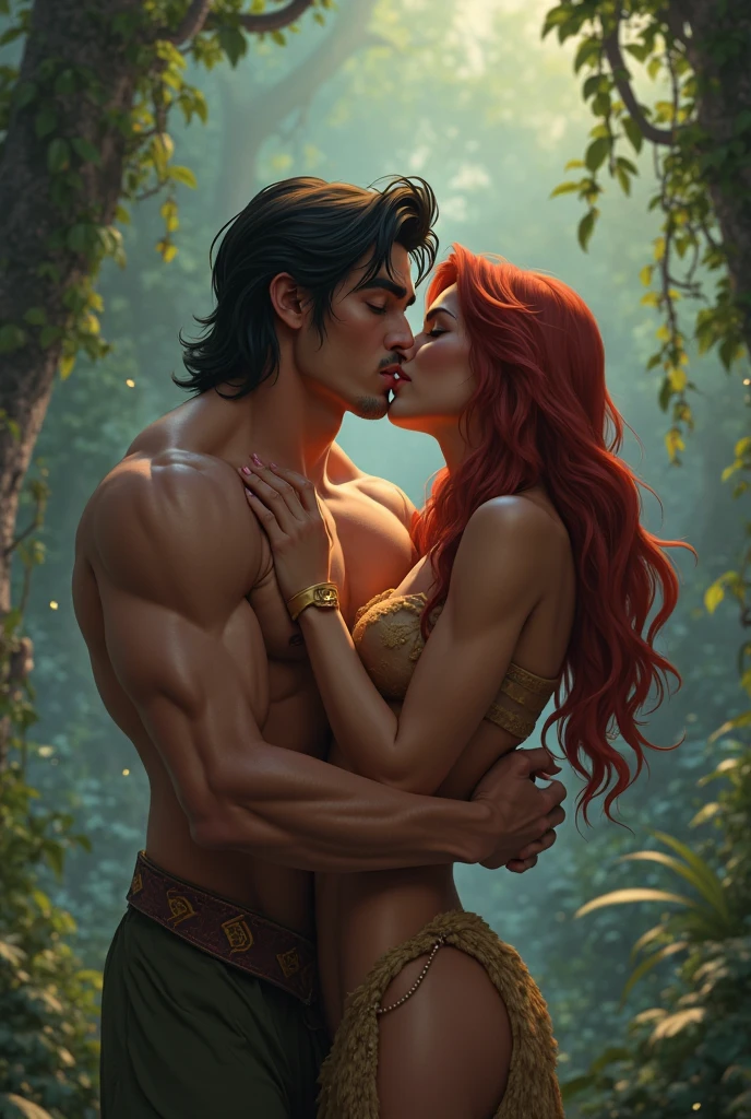Sexy boys Peter pan boy with curly red hair, green eyes and green clothes, sexy muscle C C Next to Gaston, sexy muscle boy with light skin and black hair