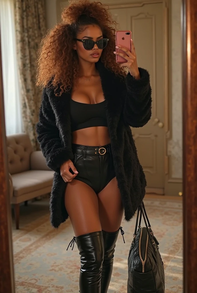 Linda pele negra da perna da modelo, ao fundo neve branca