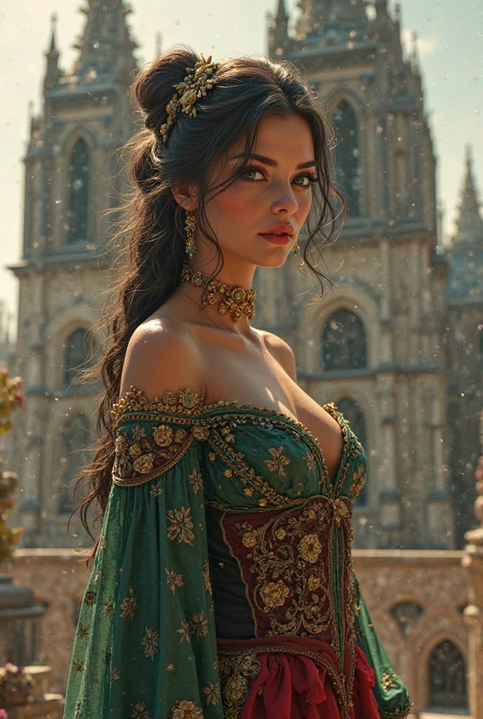 Best quality, portrait, masterpiece, 1 queen, pirate queen, walking on medieval city street, wet hair, soft body, looking straight at the viewer, big eyes, dark pink wet saree, headwear, petticoat, fully tattooed hands, 8k resolution, deep cleavage, belly piercing, big breasts, insanely detailed, parted lips, perfect anatomy, perfect fingers, ambient lighting, forest, dawn, sitting on floor , ((blue dress , pyjamas, fully, ))