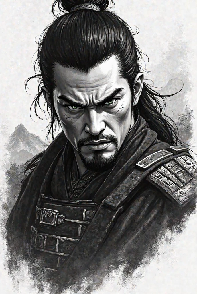 ((Vibrant colors)). A detailed portrait of long hair samurai in Japanese Edo period in Richard Anderson's art style, double exposure with sepia Carne Griffiths art style, with a unique blend of realism and abstraction. full body action pose shot, black and white sketch. comic style.