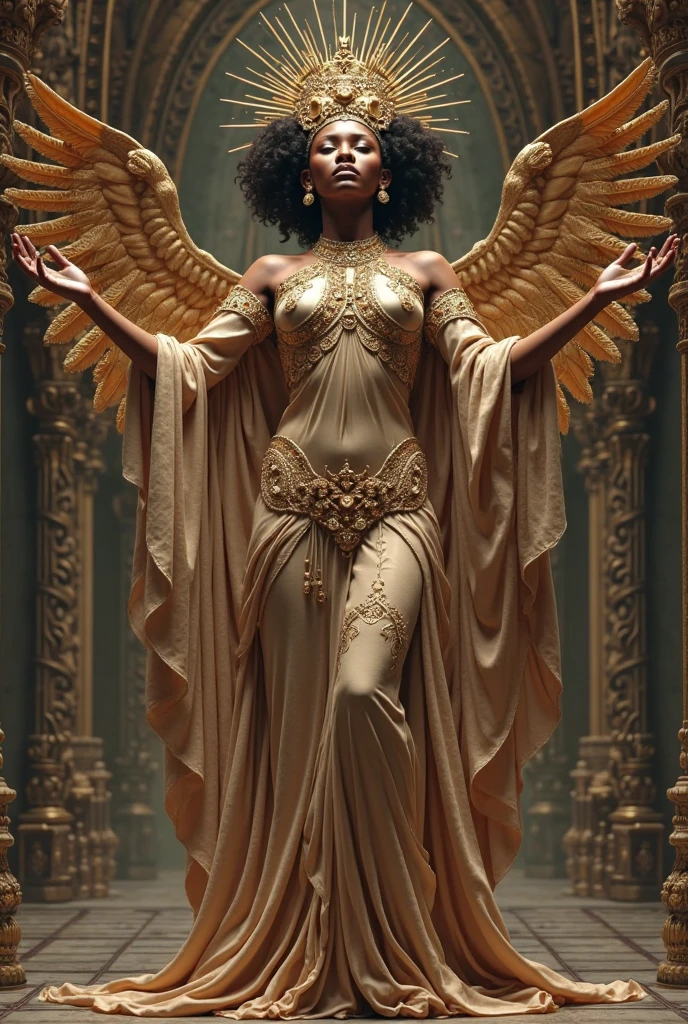 a woman in a gold outfit and a tiger, muscular warrior women, the smooth black lioness, queen, wakanda, epic 3 d oshun, Fundo wakanda, woman strong, skin lightskin black, dark skin female goddess of love, black panther, Warrior Woman, amazon warrior, posing for a fight intricate, trending in cgsociety, horned girl, devil horns, elf ears, cleavage, thigh, short skirt, sexy, wide black wings, golden Egyptian castle, golden egyptian outfit, sitting on golden throne, legs crossed, legs crossed seductively, sexy, looking down at viewer, down up view