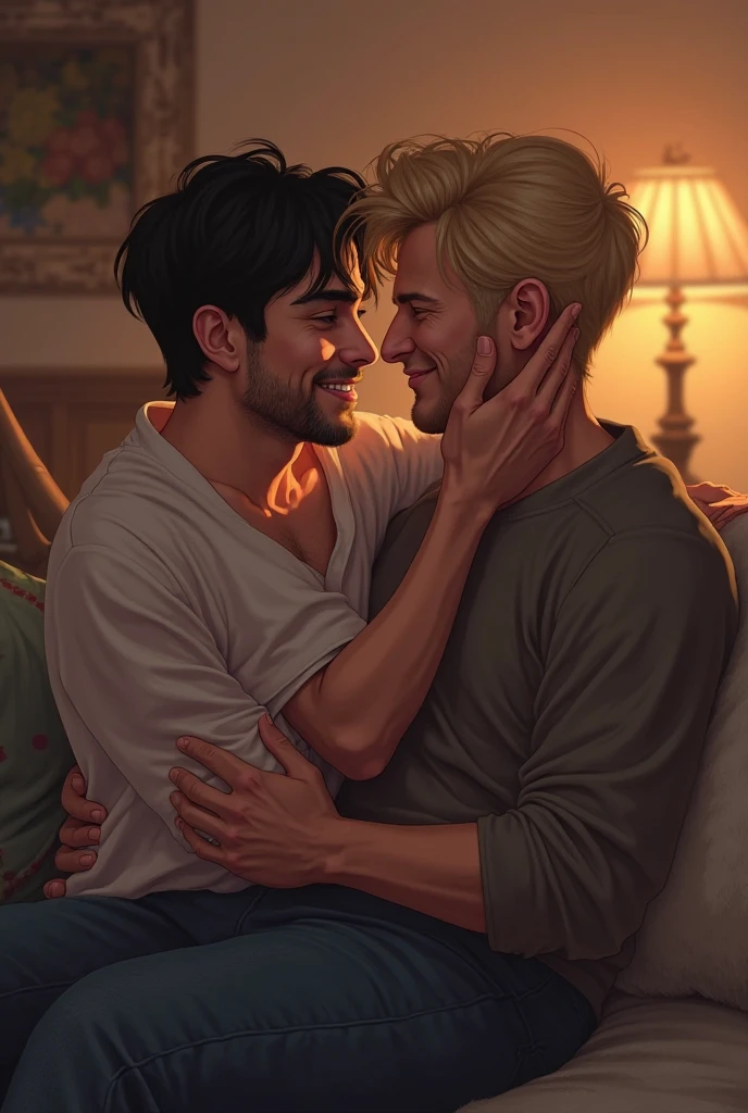 animated style,n joven rubio nordico cuerpo tonificado fuerte piel blanca shirtless, barefoot, blonde hair blue eyes no beard, gentle look, shirtless, sitting on the legs of a Latin painter, delgado, lying on the bed black hair the blond man is sitting on the legs of the handsome man the sunset in Rome, The painter introduces his penis into the young blonde's anus