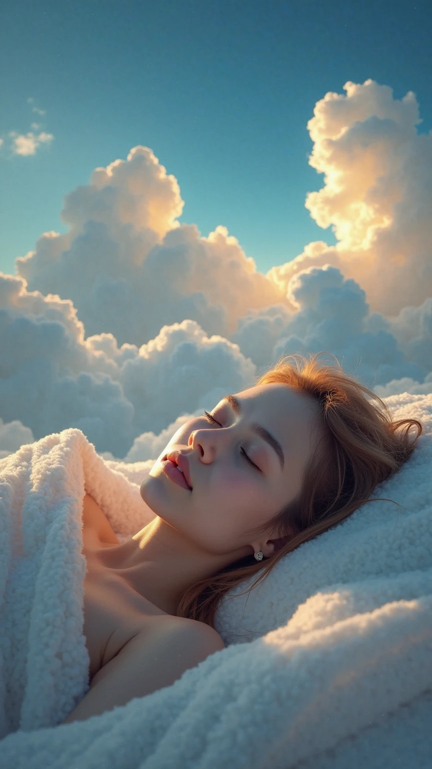 Beautiful artwork illustration, Beautiful girl sleeping in the cloud,upper body close-up,sexy and excited,naked,With eyes closed,enjoying,In a dream,Girl in the clouds,Fluffy cloud,Guviz style artwork, White cloud hair, beautiful digital illustrations, cloud. fantasy,The pubic area is clear,realistic