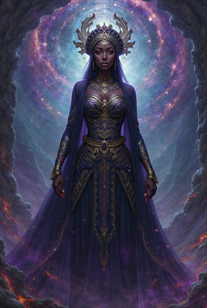 Human woman with yellowish skin, Egyptian semblance
Human body and owl head
Delicate purple clothing
Full golden and emerald jewelry necklace
Floating book with golden ornaments
Female body