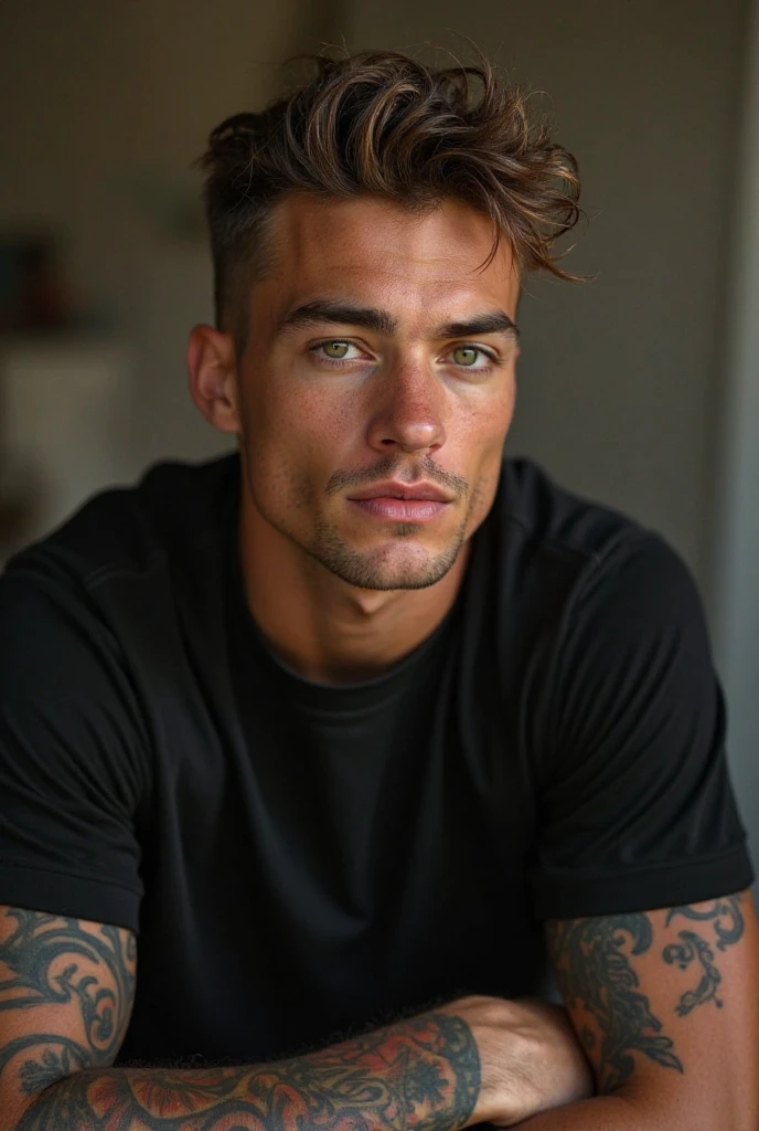 a young man AI high quality muscular tattoo with name ruy tanned skin piercing gaze light pink mouth with background car driving realistic