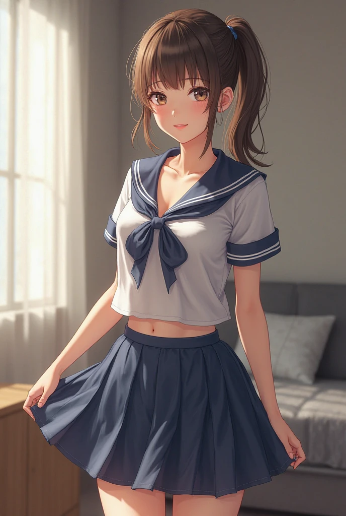 (((Attention to details,Attention to detail、masterpiece,Attention to detail))), Japanese , Beautiful school girl,Young and cute gravure idol, When to wear a long-sleeved knit, Young Sensual Gravure Idol, Young Gravure Idol, A high school girl who is beautiful and innocent when she smiles,My whole body is wet,Dripping,Blushing,Beautiful girl with beautiful legs,Beautiful woman natural light、Beautiful thighs、Young face,too short pleated skirt,semi-long,Perm,Brown shiny hair,Wet hair,Dripping water,Dripping,Make a troubled face,Sailor suit、((A girl who loves to show off her panties))、(Show me your pants:1.35,Show your teeth in embarrassment and smile),photorealistic, mix4,presenting cum on panties, SEE THROUGH panties, holding, holding panties,holding panties, presenting panties