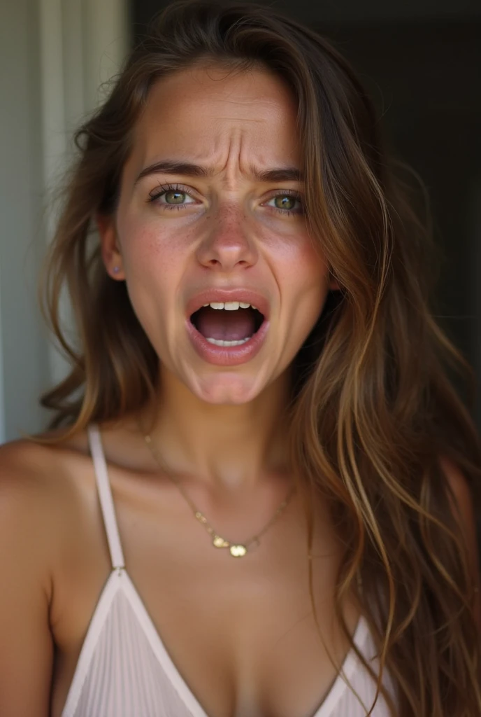 Emily, a young woman with clear blue eyes and a terrified expression, is crying out loud. She has long, blonde hair styled in a casual, tousled look with natural waves and a healthy shine. She is dressed in a summer tank top. She is standing and looking at a chart showing a lack of investments leading to financial decline, with tears streaming down her face and her mouth open in a scream. The background is filled with dark clouds and financial warning icons.
