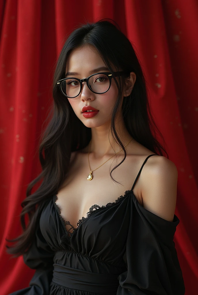 Best Quality,4K,8K,hight resolution,masutepiece:1.2),Ultra-detailed,(Realistic,Photorealistic,Photorealsitic:1.37),Beautiful expressive eyes,long eyelashes,Beautiful detailed lips,Detailed hair and face,Friendly smile,Clean and perfect skin,(Very large breasts, Big Tits, oversized tits),long,(earrings, lace choker, Stylish Black Silk Dress),Bright interior,Glasses with thin rim、Longhaire