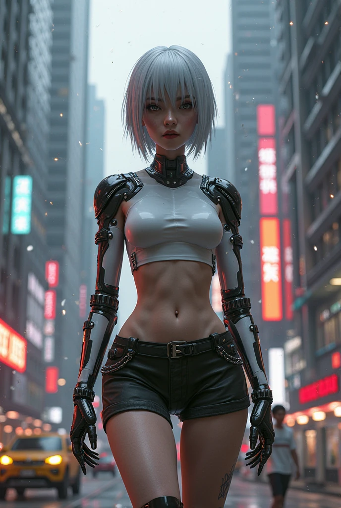 young girl pale skin blue short hair anime robot arm metal black parts on face skiny body glowing red robotic eye stanging in the midle of futuristick tokyo city at night wering loose white shirt and military black pants holding gclok blue lipstick