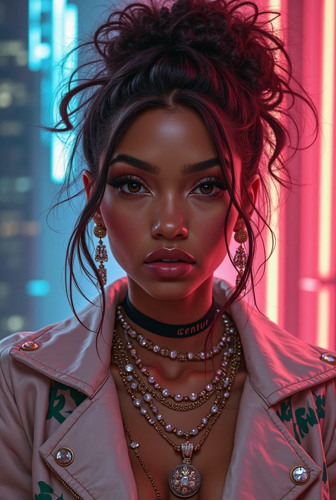18 year old, surreal latina girl,dark skin, baby face, long wavy hair, blue eyes, orgasm, mouth open, cleavage, sweating, beautiful, hands on head, hyper realisitc, very Sexy look, provocation, in laboratory, red dress, night time, magic energy, neon light
