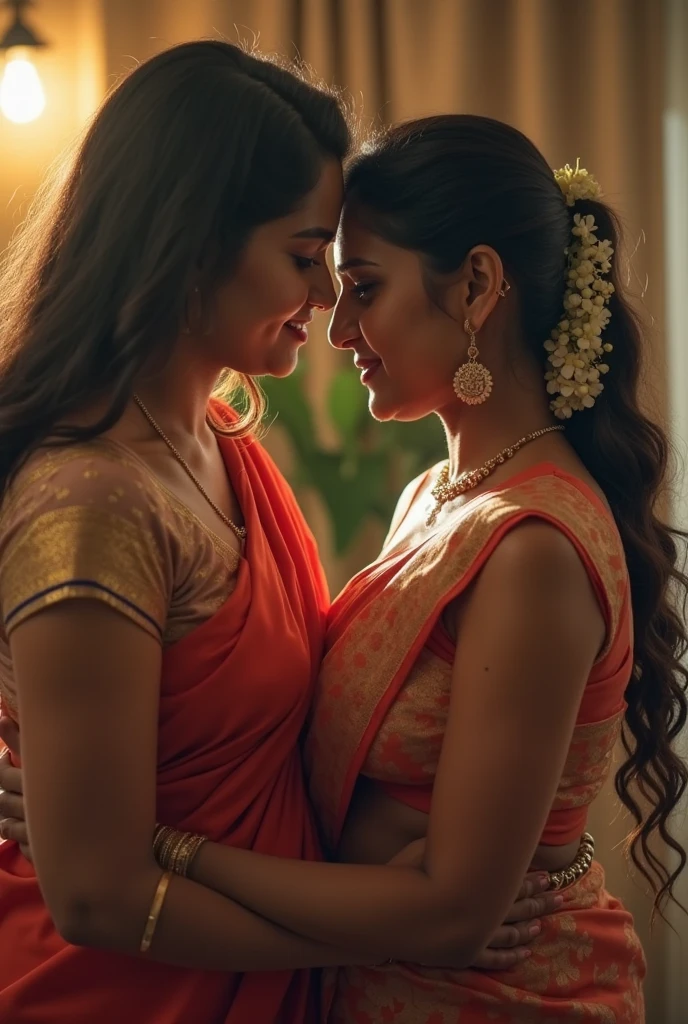 Two Indian women in saree standing face to face with forehead touching . Both women screaming in anger. They battle in bedroom