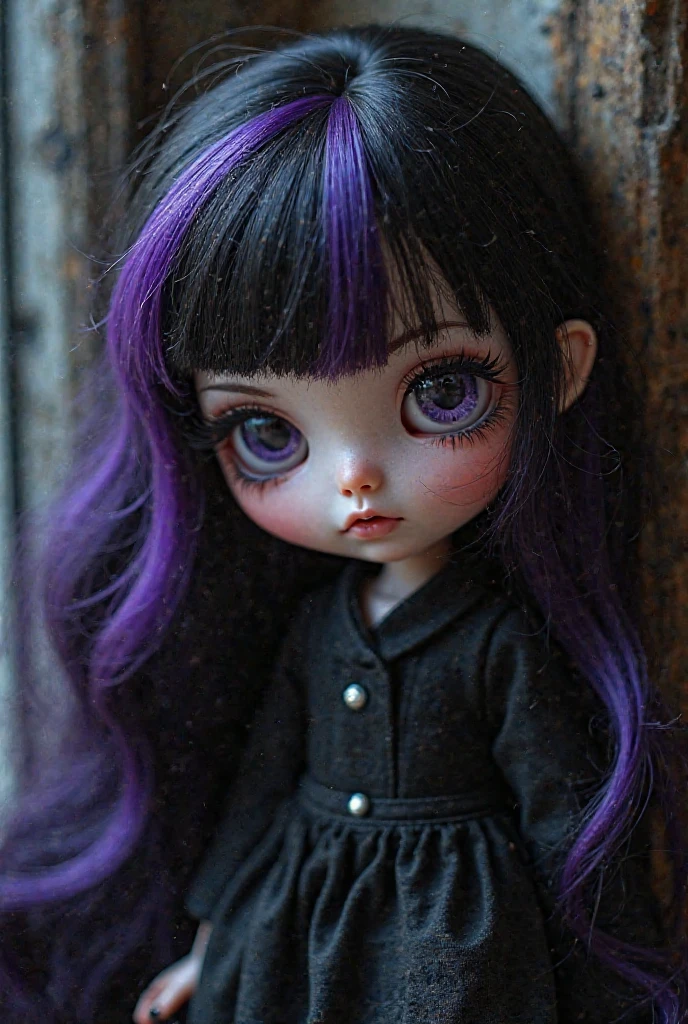 A blythe doll with long purple hair, Brown eyes, eyeliner