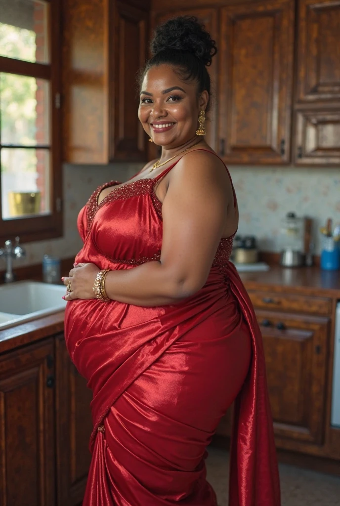Extremely Hyperpregnant Guyanese woman with huge belly wearing a dress