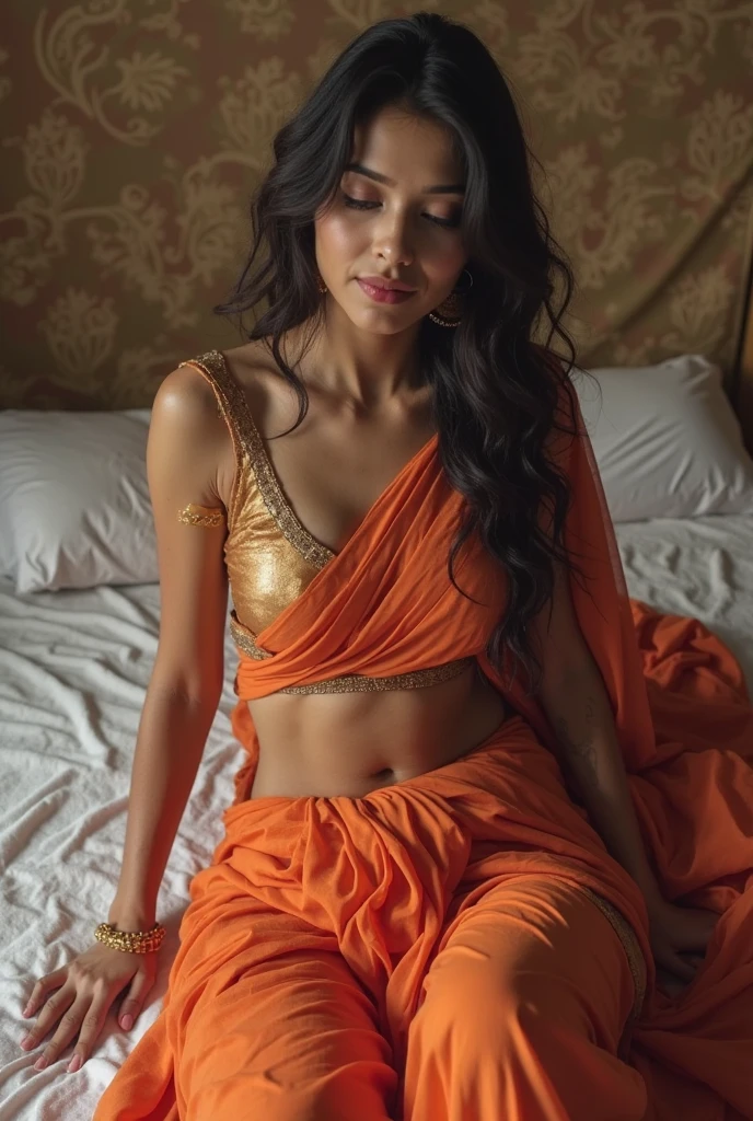 please generate prompt text for image gereate by AI a young female lydown on bed in wear indian saree fully navel uncoverd by saree pallu her both hands fully up and saree looks like low wait female realistic , her blouse visible sholder less blouse