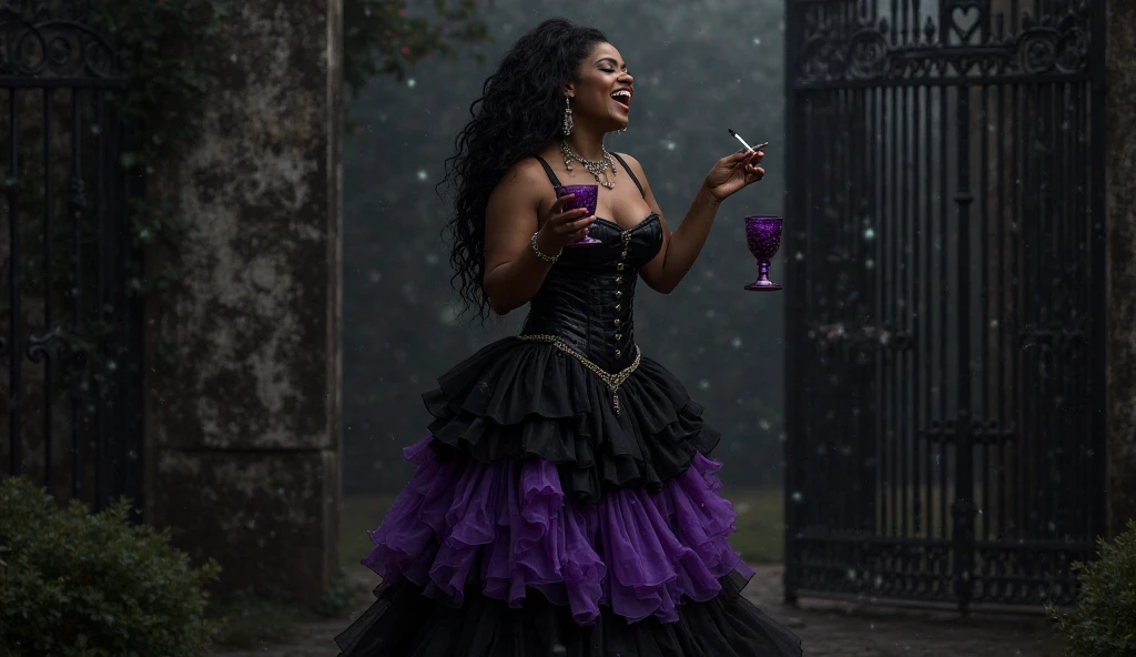 Create an image of Maria Mulambo, a pombogira that exudes charm and strength Maria Mulambo must have black skin and a wide smile that conveys joy and confidence. Your curly hair should be long, in layers, falling below the chest and thrown aside, with a purple rose adorning the side.
She wears a wine lipstick that highlights her lips.. The corset is black, adjusted to the body, while the voluminous purple skirt extends to the foot. A delicate black veil covers the skirt, featuring black lace that adds a touch of elegance.
in One of Maria Mulambo's hands is close to her mouth, holding a black cigarette that releases smoke. The smoke should intertwine subtly, forming a pombogira trident in the air.
The image must convey a mystical and powerful air, reflecting the essence of the pombogira with rich colors and charming details.