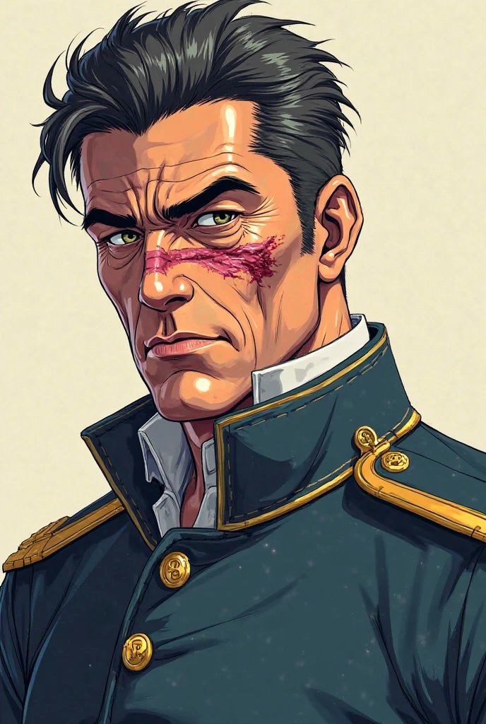 Dans un style manga un soldat de 25 ans aux cheveux noirs rasés sur les côté un peu comme un viking. Son oeil gauche est aveugle et est fermé par une cicatrice, son oeil droit est de couleur bleu. Il porte un uniforme ???? et sa mâchoire est légèrement carrée