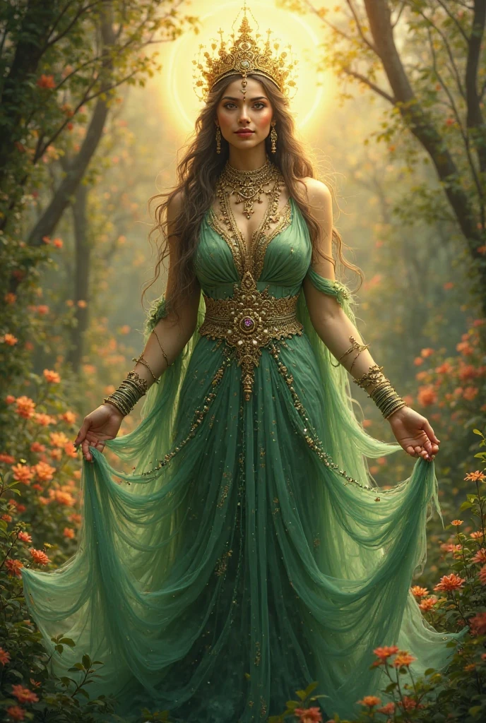 In a dappled, ancient forest ruin, an Elf Princess stands tall, her scepter raised high as beams of warm sunlight filter through the trees, casting a golden halo around her regalness. Her beautiful summer wear, enchanted clothing shimmers in the soft light covered in tiny miniature red multicolored flowers, and pea green and yellow tiny leaved vines, while lush foliage and vines surround her, creating a lush environment. The camera captures a sharp focus on the princess's face, with the rule of thirds composition placing her at the intersection of two diagonals. Shot during the golden hour, the scene exudes an ethereal mood, inviting the viewer to step into this mystical realm, fantasy, better_hands, Leonardo, Angela white, Enhance