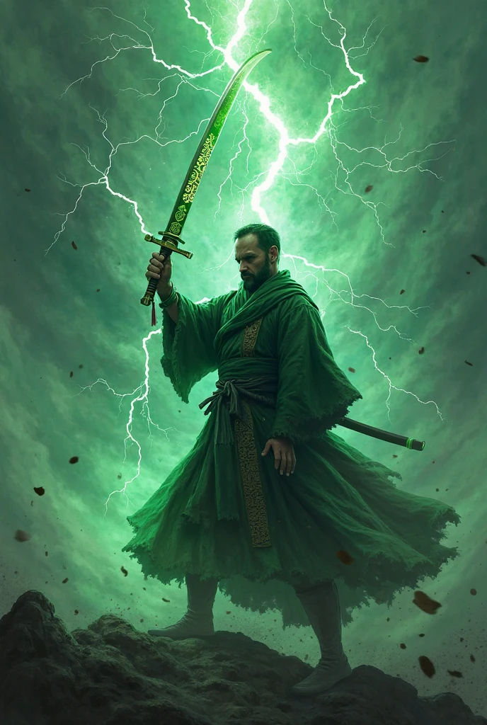 Solo character, full body version, old man, long chin beard, tall height, big man, largest muscle, (elf), green eyes, brown color hair, bald hair, topless, blue long pants, belt, boots, outdoor, field, Greenland, fire effect, smoke effect, medieval, standing gesture, detailed background, detailed clothing, detailed hair, armor arm, Bleach style art), black Coat 