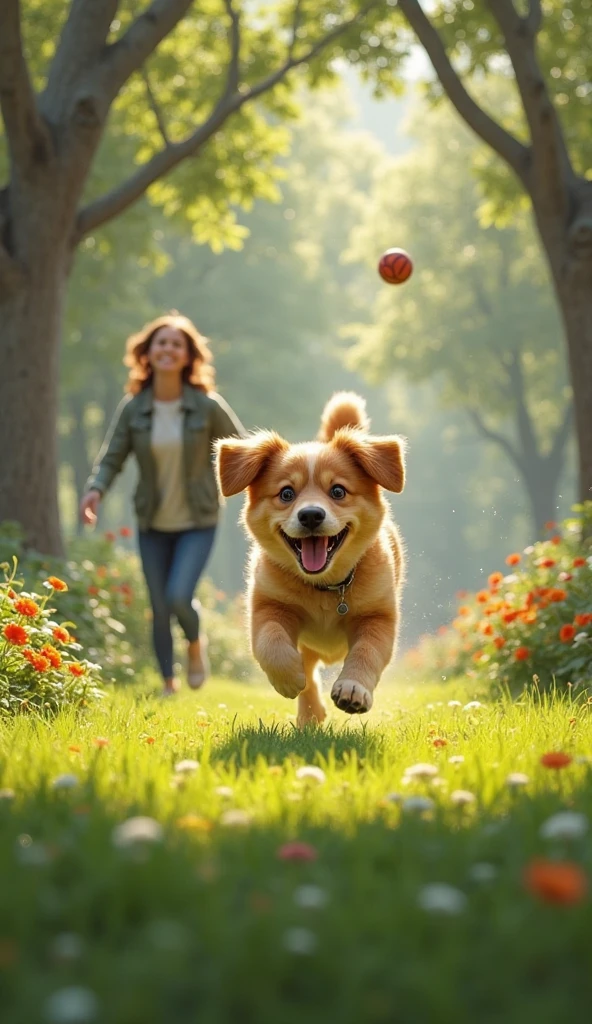 A happy dog running in the park with its owner, playing fetch and getting exercise.