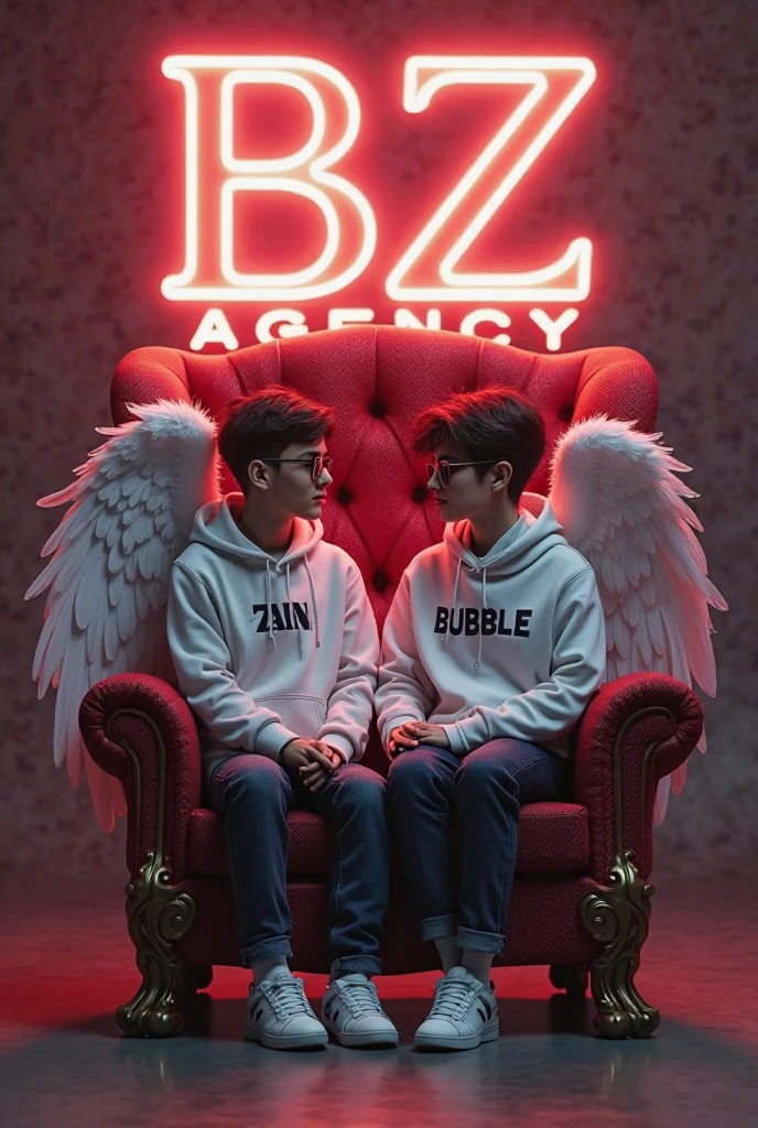Create a 3D illusion a profile picture where a 2 BOY in a white hoodie Sitting casually on a Wingback Chair. Wearing sneakers,a white, She looks ahead. The background features "AFZAL" in big and capital red neon light fonts on the black wall. There should not be his shadow, and there are wings to make it appear as if he is an angel.