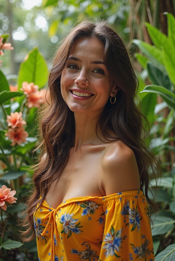 A naked Brazilian woman in a lush tropical garden, with a close-up capturing the harmonious beauty between her breasts and the natural flowers, showing off your natural charm and outgoing personality.