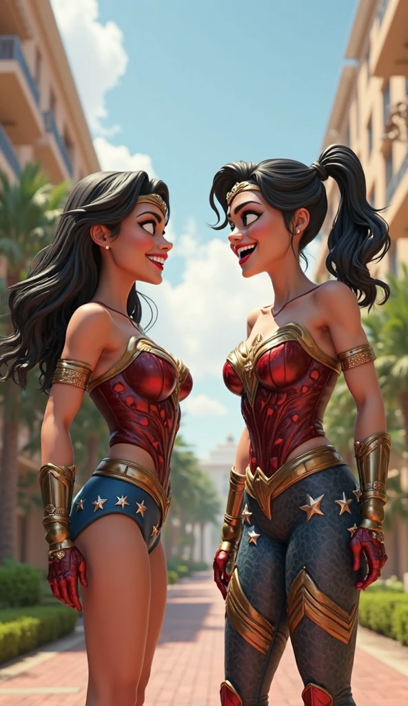 ((2heads)),conjoined dicephalus,masterpiece, Best quality at best, 1girl, Wonder Woman, Large breasts,(cleavage),(upperbody closeup),Raised sexy,is shy,smile, long flowing hair, (Green eyeballs:1.4), the city building, busty figure, wonder woman uniform, white skin girl, fair skin, light skin, white ethnicity, white race, beautiful European beauty, beauty standards