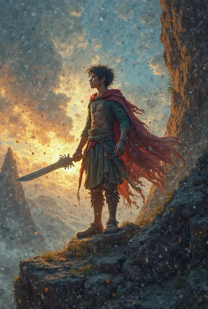 The character Wander from Shadow of the Colossus raising a shining sword upwards and smiling