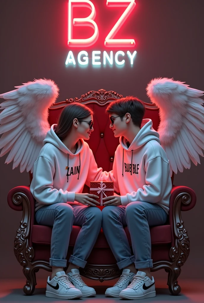 BLACK EDITION ] - " Create a 3D realistic Image where a couple in BLACK Casually on a wingback chair, Look ahead the background featuresKREEYA in big capital RED fonts on the white lighting wall. There should not be shadow, and wings should be added to make it appear as if he and she is an angel. " 
