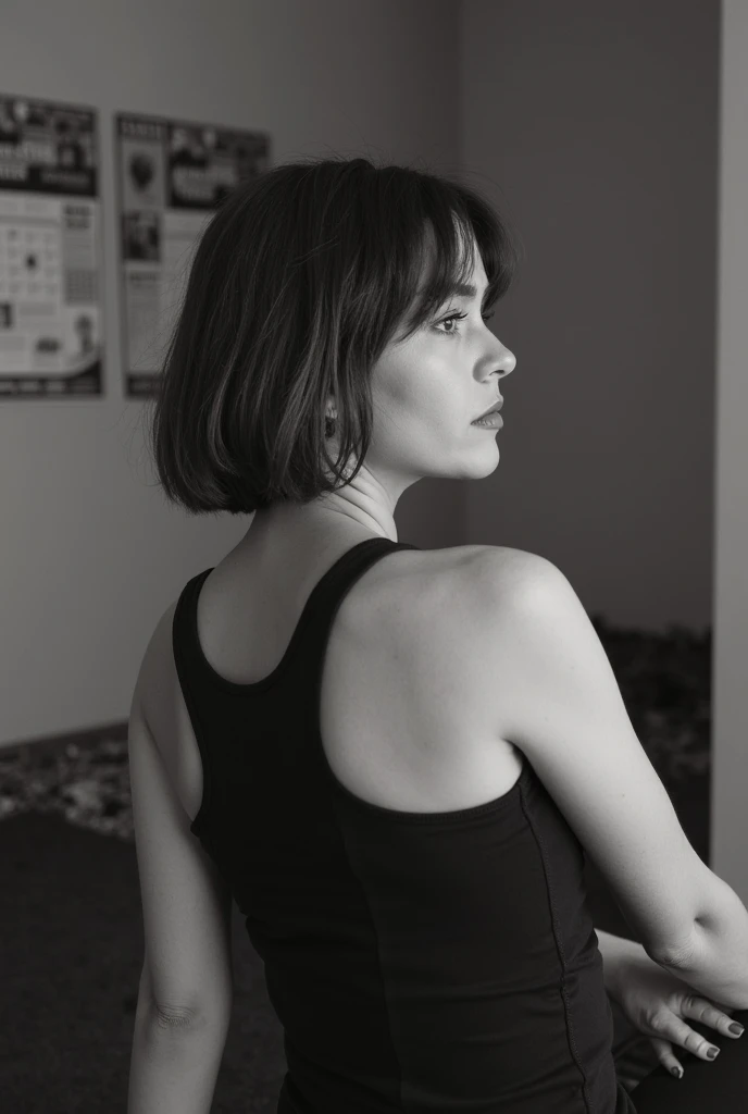 ((best quality, exceptional visual quality)), ((better skin texture, premium material)), ((upper body portrait, risqué photo shoot)), (a 1960's pop culture icon, hollywood starlet, sex symbol, similar to audrey hepburn), short hair with blunt bangs, (eye makeup, eyeliner), trendsetter, daringly wearing a crop top that shows off her midriff and a subtle amount of underboob, pleated skirt