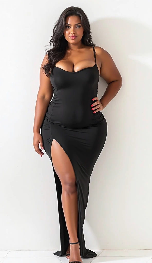 (best quality, ultra-detailed, realistic:1.37),portrait,voluptuous woman,flower,tight dress, Random dress color, passionate look,large buttocks,vibrant colors,soft lighting, standing, full body view, extreme tall, long legs, very tall, tall, black skin