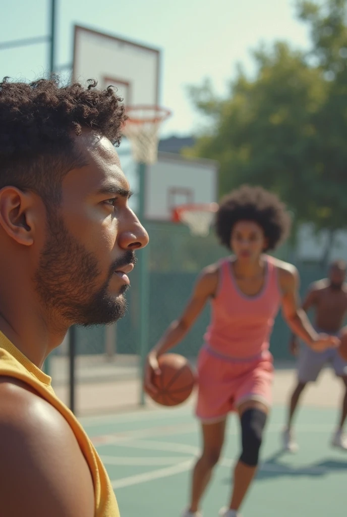 Imagine  mexican shirtless  basketball player wearing black cap and orange basketball shorts playing basketball with friends