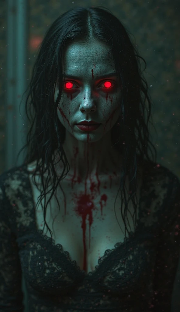 a terrifying mental image of a female figure of pure evil immersed in a hideous and hellish environment, obscure place coming from hell, dark ritual, appearance like a demon with sinister glowing eyes that evoke instant terror, evil beast, fiend, demon, abyss, infernal, nether, damnation, hellish attire that exude an evil glowing aura, flesh, blood, environment around as a hellscape, distorted shadows, agonizing, obscure, terrifying nightmare, horror, demonic presence, gore, grume, slaughter, carnage, butchery, highest quality, 4k, best composition, depth of field, bloom, lens 1.8, 25 mm, masterpiece