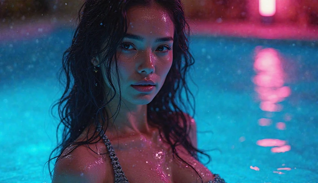 8k Beautiful Naked Asian woman with big tits, in the water, with a neon color behind