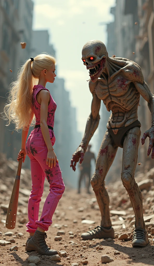Create a woman with a pink blouse and denim shorts, long black hair with bangs, with weapons in her hands, 3 year old son, blond, slightly voluminous hair, blusa azul, the woman and child are back to back and the woman is protecting the child from a swarm of ugly zombies.