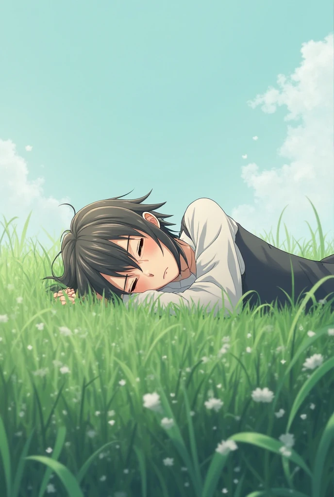 Girl in school uniform lying on her stomach on grass