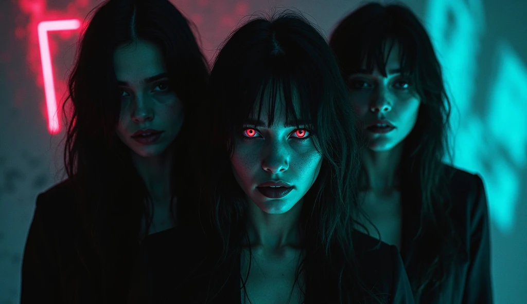 A dark, symbolic scene of multiple women under the Jezebel spirit’s influence. Each woman displays a mix of haughty, domineering, or subtly manipulative expressions. Their eyes glow faintly in red or violet, signifying corruption. Dressed in dark, elegant attire, ghostly hands emerge from the shadows, representing the Jezebel spirit’s control. The background is a stormy sky with flashes of lightning, heightening the ominous atmosphere. Each woman emits a faint, ghostly glow, highlighting the spi