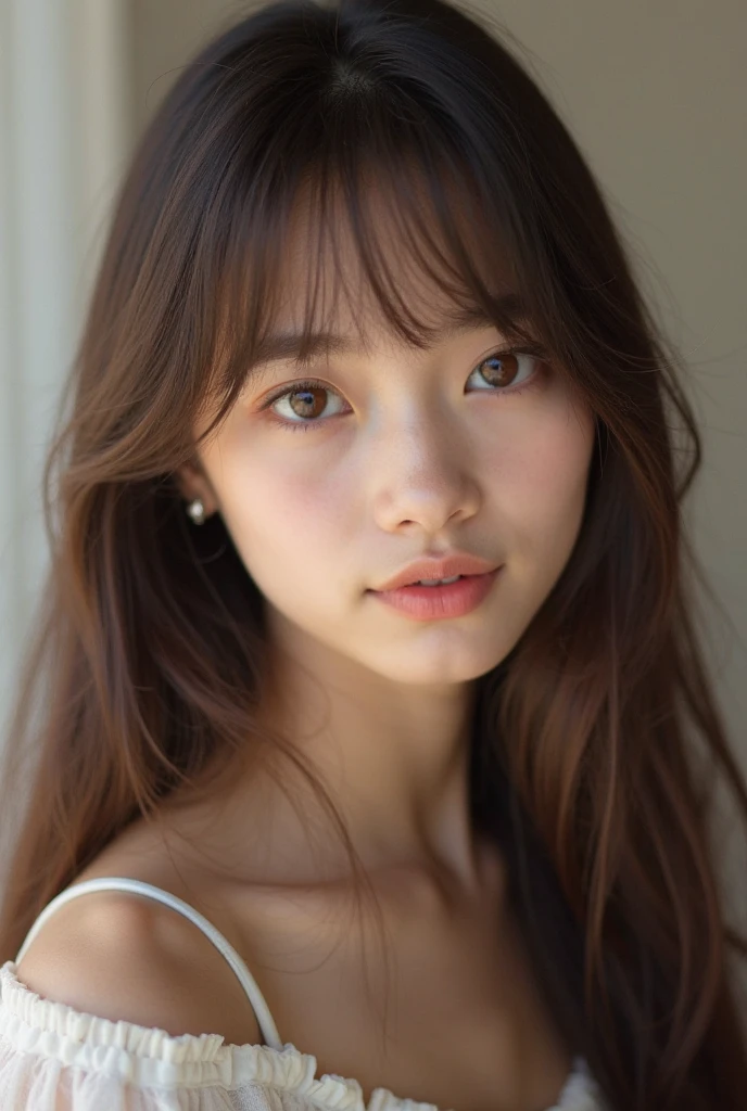 a beauty girl, head shot、15yo student、Sheer white camisole、veranda