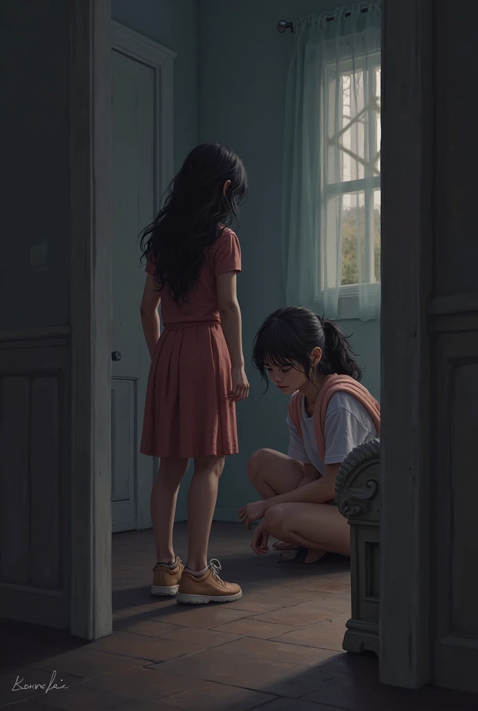 A 10 year girl is standing in front of her elder sister who in . She is joining her hands and requestng her not to tell anything to mom and instead give her punishment herself. Elder sister who is wearing a black t shhirt and a black short pant is sitting on a chair with hairbrush in her hand. The younger sister is wearing a white t shirt and a black hot pants. The elder sister is slowly taking down her younger sister's pant and the younger sister is cryng and resisting .